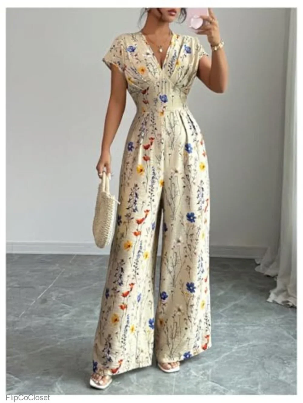 Women's Floral V-Neck Cap Sleeve Wide Leg Jumpsuit Romper